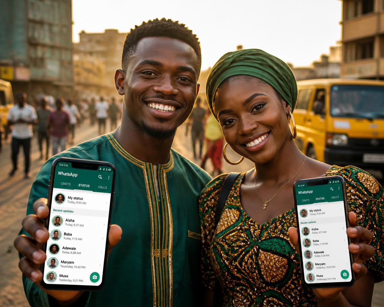 Two people in Africa showing WhatsApp Status on their phones
